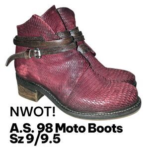 AS98 Sz 9/9.5 NWOT Deep Red Textured Wrap Straps Moto Biker Grunge Ankle Boots